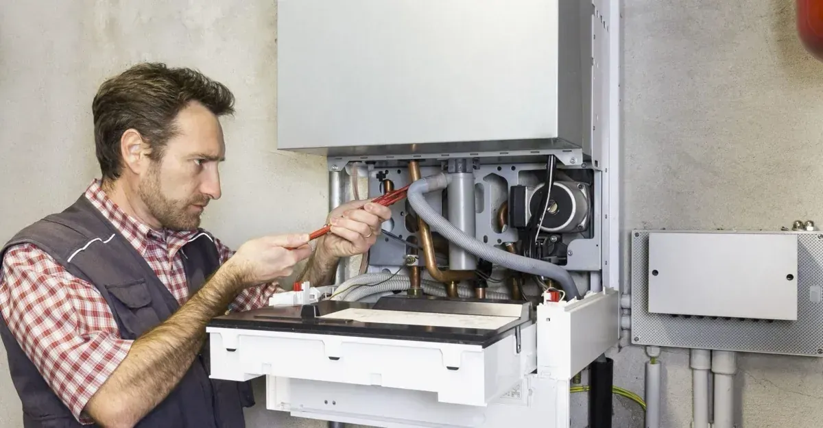 Chauffagiste nettoyant les organes d'une chaudière gaz lors d'un entretien dans le Val-de-Marne